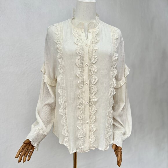 Blu Pepper Tops - Blu Pepper Ruffly Lace Long Sleeve High Collar Retro Poetcore Button Up Top Sz M